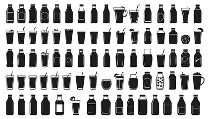 A comprehensive collection of various beverage containers and glasses in a stylized, black and white design.