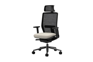 Obraz premium Ergonomic office chair with mesh backrest and adjustable headrest on a white transparent background. 