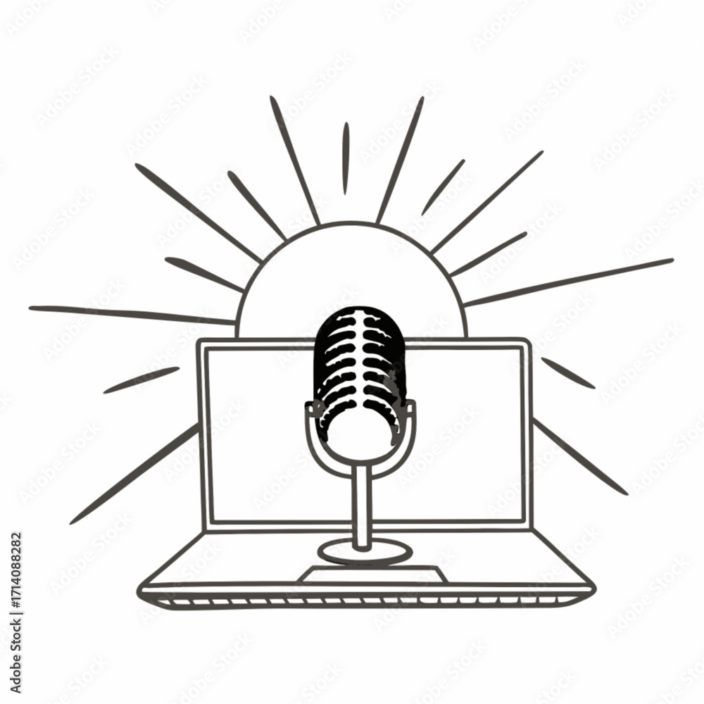 Poster minimilist illustration of a microphone in front of a laptop with sun rays emanating from behind it 
