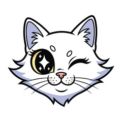 Whimsical Cat Portrait: A charming illustration of a cat with one eye winking, a sweet expression, and a starry eye, radiating playfulness and affection.