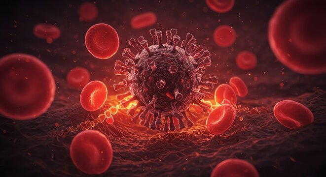 Coronavirus and Red Blood Cells Microscopic View Medical Research