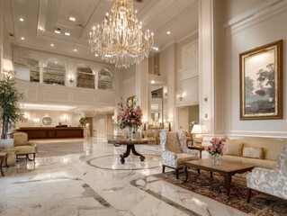 Elegant Luxury Hotel Lobby with Marble Floors Crystal Chandelier Classic Furniture and Floral Arrangements