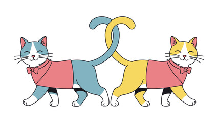 Playful Paws: Two stylized cats, with a cartoonish look and distinct color variations, stand elegantly together in a seamless pattern