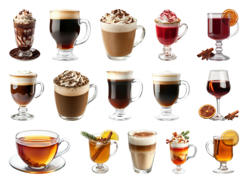 PNG Assorted hot beverages collection, element set on transparent background