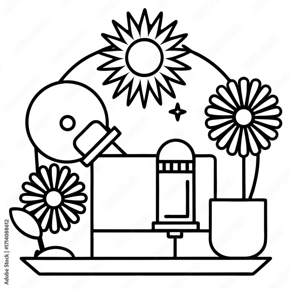 Poster minimilist line art illustration of a desk setup with a computer monitor flowers and a star in black