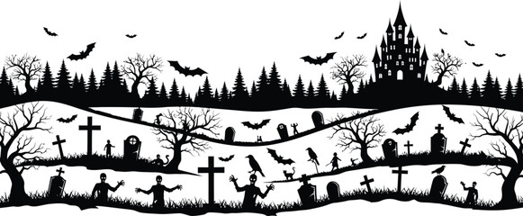 Obraz premium Halloween landscape with castle trees and graveyard silhouette
