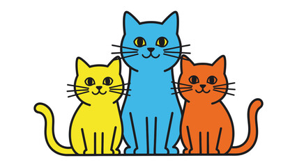 Colorful Cat Trio: Playful cartoon cats of various colors, blue, yellow, and orange, sit closely together, embodying joy, fun, and the beauty of variety.