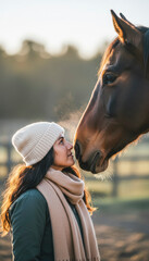 Emotional connection between young hispanic female and horse in winter farm setting. perfect for animal bonding and rural lifestyle concepts.