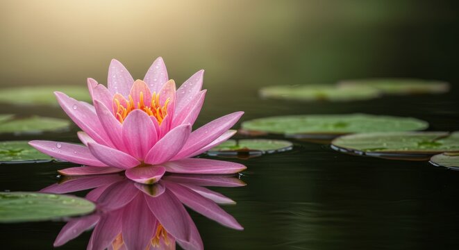 Pink water lily flower blooming on dark water showcasing its reflection perfect for spa and wellness - Powered by Adobe