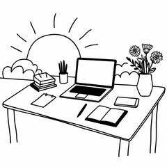 Minimilist a desk with a laptop, flowers, and stationery in a black and white line drawing with a sun background vector © Hussaini