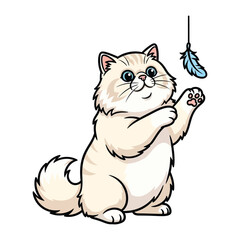 Playful Cat with Feather: A cartoon cat joyfully plays with a hanging feather, showcasing its playful spirit and delight.