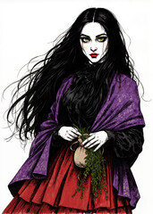 Fantasy RPG character art of a Romani-inspired witch with long black hair, piercing green eyes and layered crimson skirt, mystical old school design for tabletop roleplay
