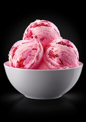 Pink ice cream scoops in a white bowl