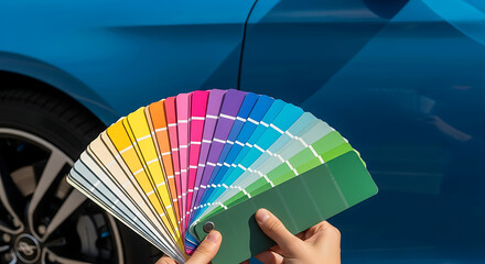 Choosing the perfect color shade from a palette of paint swatches for a car