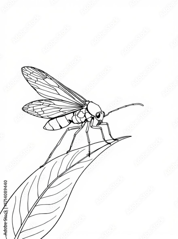 Poster minimilist detailed line drawing of a moth resting on a leaf with intricate wing vein patterns and l