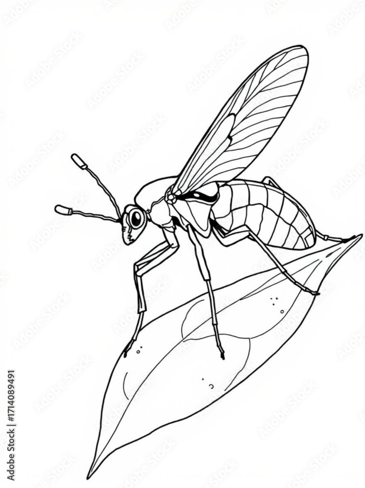 Poster minimilist detailed line art of a fly resting on a leaf with intricate wing venation and segmented b