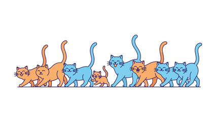 Cat Parade: Charming illustrated parade of cats in vivid colours, capturing a playful and joyous moment. The delightful scene is sure to bring smiles.