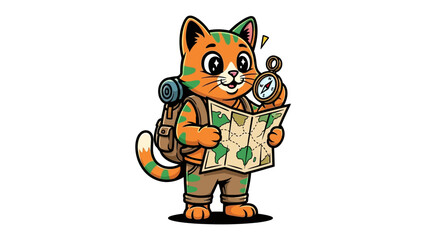 Adventure Cat Explorer: A charming cartoon cat embarks on an adventure, navigating a map with a compass and a backpack, symbolizing the thrill of exploration and the joy of discovery.