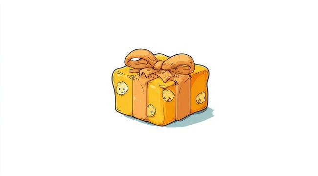 Bright yellow gift box with a light orange ribbon and small yellow figures