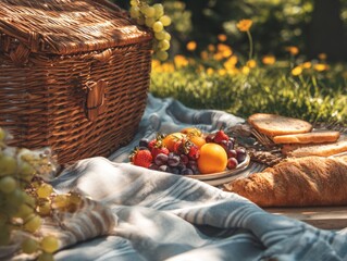 Picnic Scene with Wicker Basket Fresh Fruit Bread on Cloth in Sunny Garden