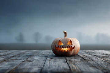 A carved Halloween pumpkin with a jagged smile and triangular eyes sitting on a wooden surface.