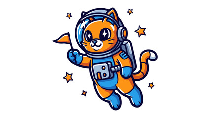 Cosmic Explorer: An astronaut cat is floating amongst the stars, waving a flag, embodying the spirit of adventure, discovery, and exploration in this enchanting illustration.
