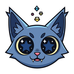 Cosmic Cat's Eye: A captivating illustration features a cute feline with star-filled eyes, surrounded by radiant gems, exuding enchantment.