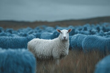 White sheep standing in a flock of blue sheep on a grassy field under cloudy sky