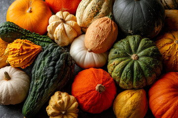 A variety of colorful decorative gourds and pumpkins with different shapes and textures.