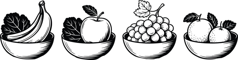 Black and white hand-drawn vintage fruit bowls, bananas, apple, grapes, oranges, detailed sketch, healthy food, organic, natural, fresh produce.