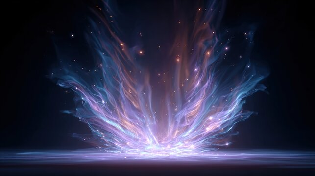 Radiant, ethereal energy bursts upward from a central point, a swirling vortex of light and color against a dark backdrop