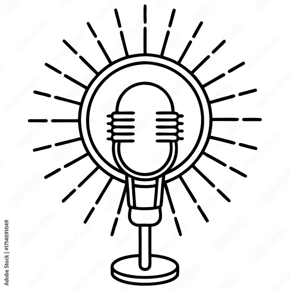 Poster minimilist a vintage microphone with radiating lines emanating outwards from a circular frame design