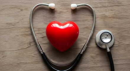 A stethoscope is arranged in a heart shape around a red heart, symbolizing cardiac health and medical care.