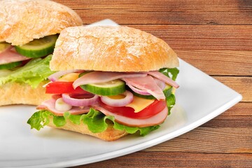 Tasty fresh chicken burger sandwich on desk
