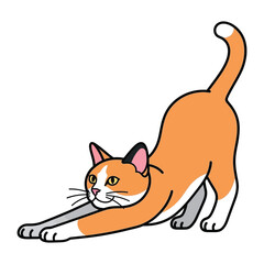 Playful Paws: A whimsical illustration showcases a lively cat stretching, showcasing a dynamic pose, captured in a minimalist style with flat colors.