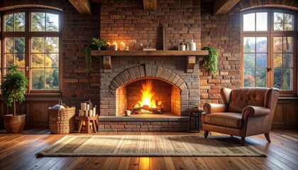 Cozy Rustic Living Room with Brick Fireplace and Leather Armchair