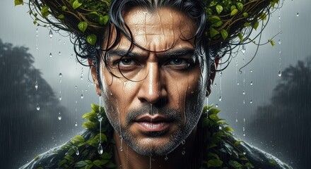 Mysterious man with forest flora integrated into his hair and intense gaze