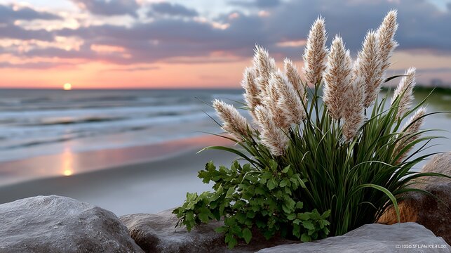 Serene Coastal Landscape with Pampas Grass and Sunset Over Tranquil Ocean Waves