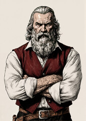 Old school RPG drawing of a traveling patriarch with thick gray beard, dressed in dark red vest over white linen shirt and black trousers, folklore-inspired elder character design