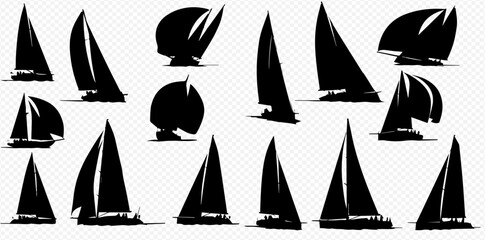 A collection of black silhouette illustrations depicting various sailboats and yachts in different sailing positions.