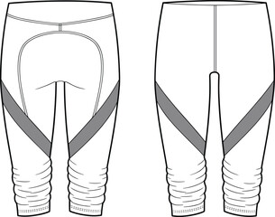 Technical flat sketch vector of cycling athletic pants with padded seat, diagonal thigh panels, ruched calves, front back views, apparel design
