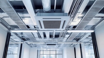 Contemporary Office Space Featuring Ceiling Mounted Air Conditioning and Exposed Metal Elements