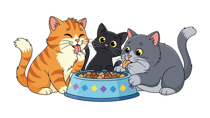 Three Playful Kittens at Mealtime: Three animated kittens, a vibrant orange tabby, a sleek black cat, and a charming gray one, gather around a colorful food bowl.