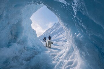 Ice Cave with Snowy Mountain Landscape and Polar Bears in Cold Environment