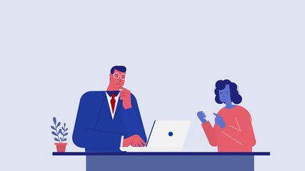 A business person selects an employee's profile to use on a laptop and a mobile, a 2D business concept animation.