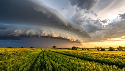 Dramatic storm clouds over a golden field