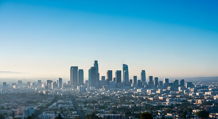 Obraz premium Cityscape with Skyscrapers Under Blue Sky at Dawn