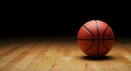 Orange Basketball on Parquet Floor in Dark Gym Setting