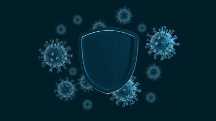 Virus and shield. Blue color. 3d illustration.
