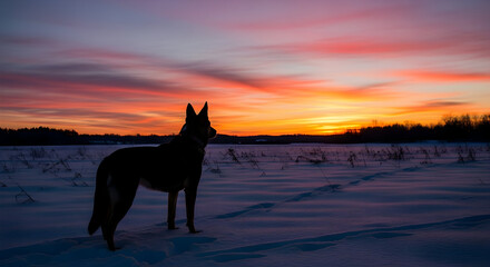 Silhouetted Dog Standing in Snowy Field at Vibrant Sunset